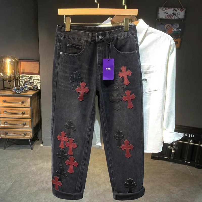 Muži výšivky streetwear brand módne hip hop voľný náhodný priamy motocykel džínsové džínsy nohavice phot Cityboy y2k džínsy