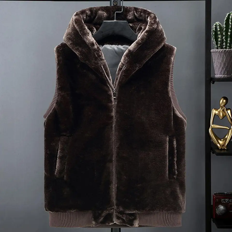 Muži zimná vesta plyšová faux kožušina s kapucňou bez rukávov Zhruba Zipper Uzatvára vrecká teplá vesta Cardigan zimná bunda