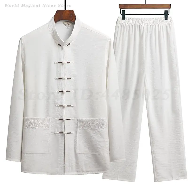 Muži čínsky tradičný set Man jar jesenná pracka kung fu košeľa Oriental Retro Top Pants 2pcs tai chi priedušné uniformy