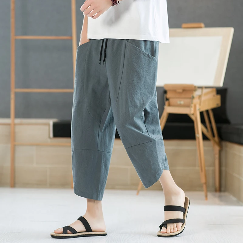 Muži čínsky štýl bavlnená bielizeň harémové nohavice pánske retro streetwear plážové teľacie nohavice