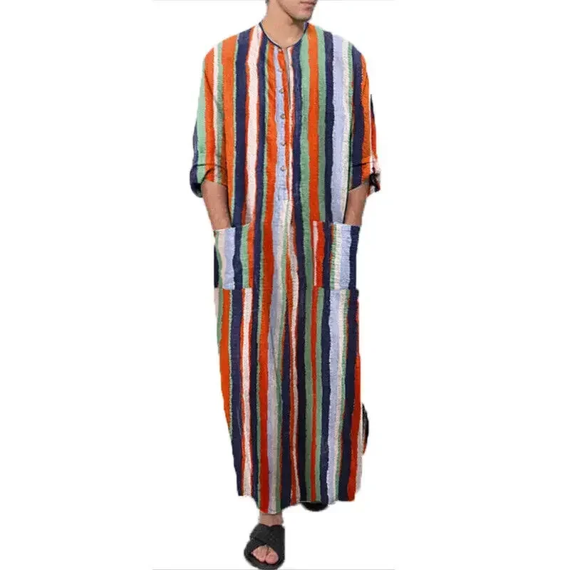 Muži šaty košele skutočné ľanové bavlnené nočné košele župan s dlhým rukávom Caftan Holiday Beach Robe moslim kaftan arabské thobe domáce oblečenie