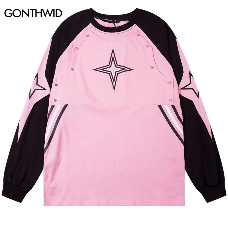 Muži športové nadmerné tričká Y2K Streetwear Hip Hop Star Print Patchwork s dlhým rukávom bavlnené tričko Harajuku voľné bavlnené topy