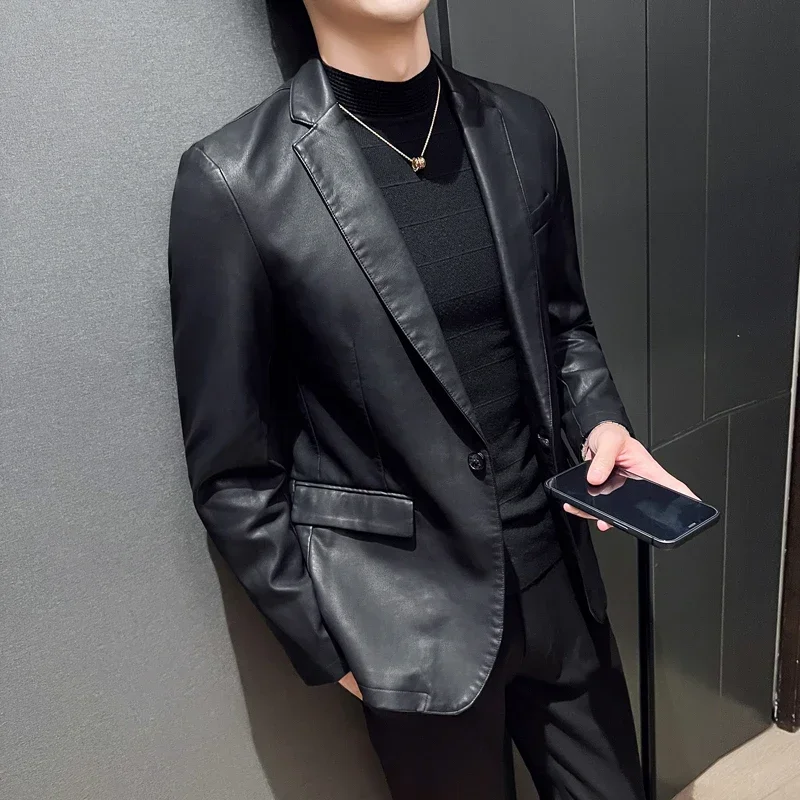 Mužská módna móda Móda pánske ležérne kožené šaty oblek Cast Cast Pu Blazers bunda Casual Blazer Bundes Muž Vrchne oblečenie