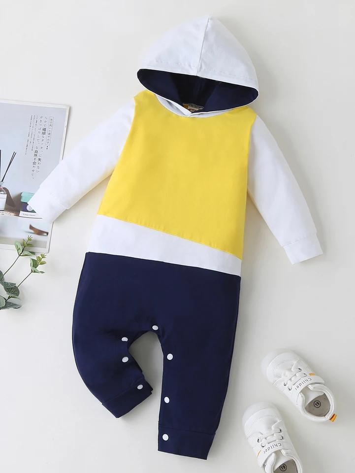 Mužské dieťa jesenné a zimné patchwork kontrastné kombinézy s kapucňou