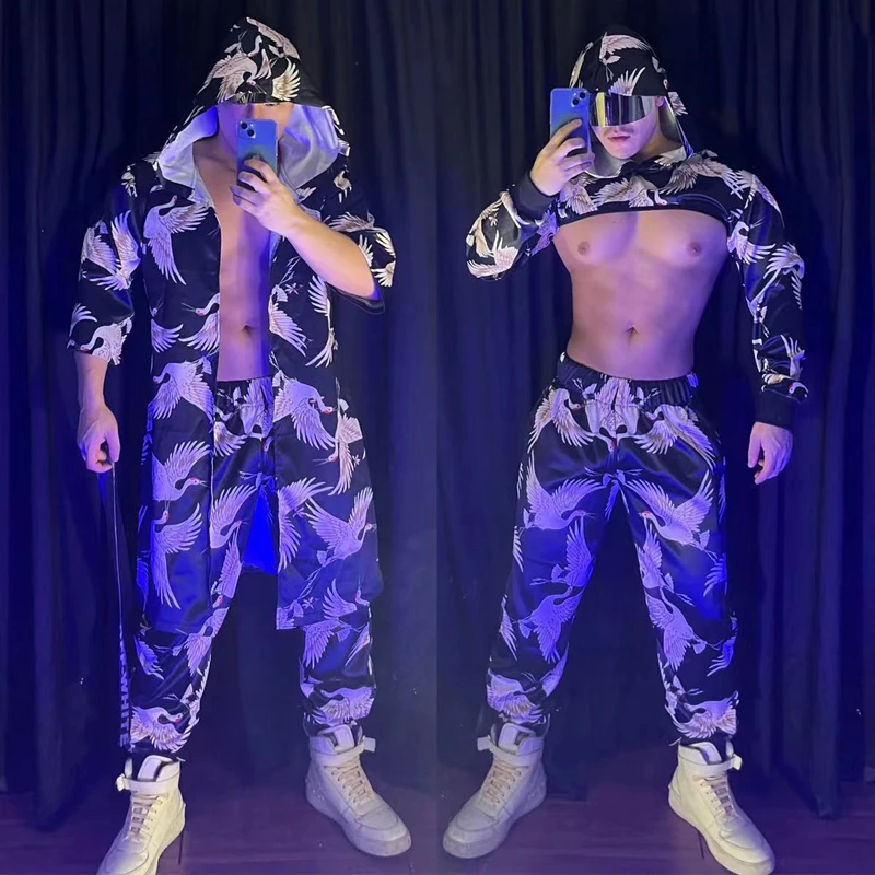 Mužský jazzový tanečný odev muži Gogo Dancer kostým Crane Print Suit hip hop oblečenie nočný klub bar Party Party Dance Clubwear xs3144