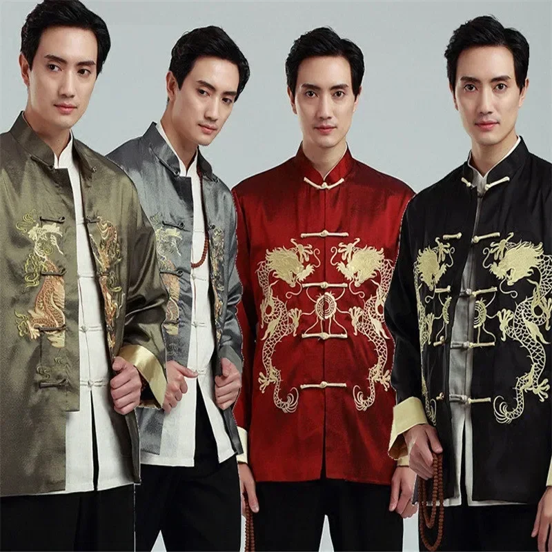 Mužský kostým 2022 Vyšívací drak Tangsuit Tradičné čínske oblečenie pre mužov Tops Tops bunda cheongsam hanfu vinobranie