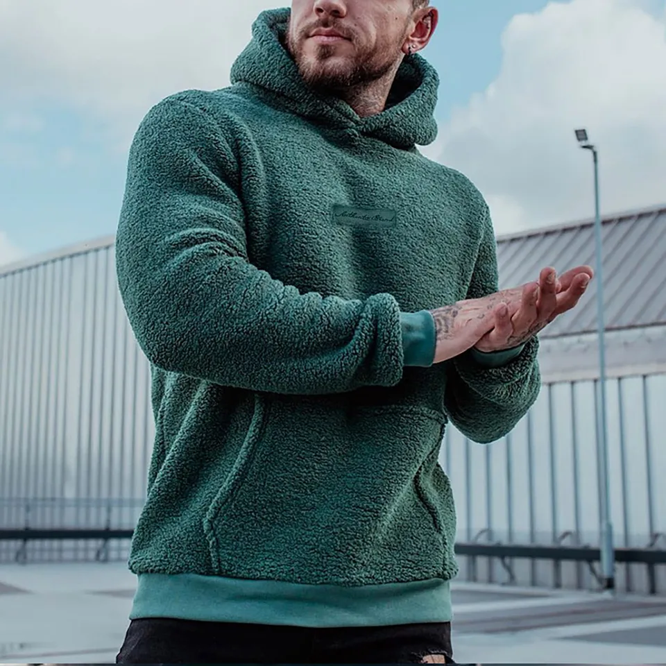 Mužský oblečenie Muž Jeseň plyšová mikina fuzzy fleece masívny farebný štítok s dlhým rukávom vreciek s kapucňou nové v mikinách