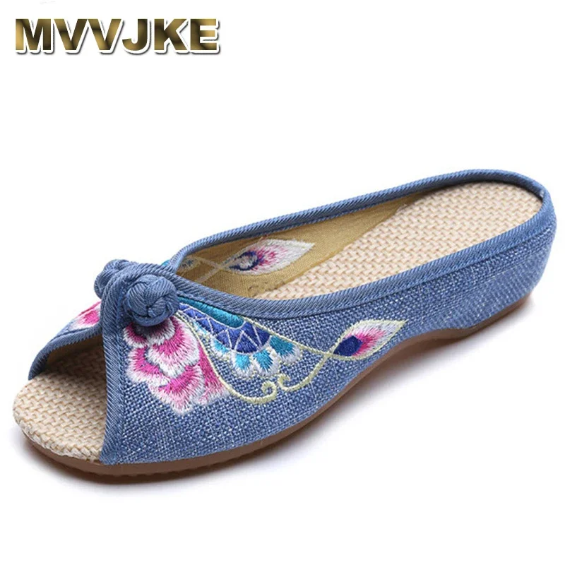 Mvvjke vyšívané dámske papuče leto nové bielizeň čínske plátno Old Peking Flowers Sandals Sladké topánky Veľkosť 35-41e221