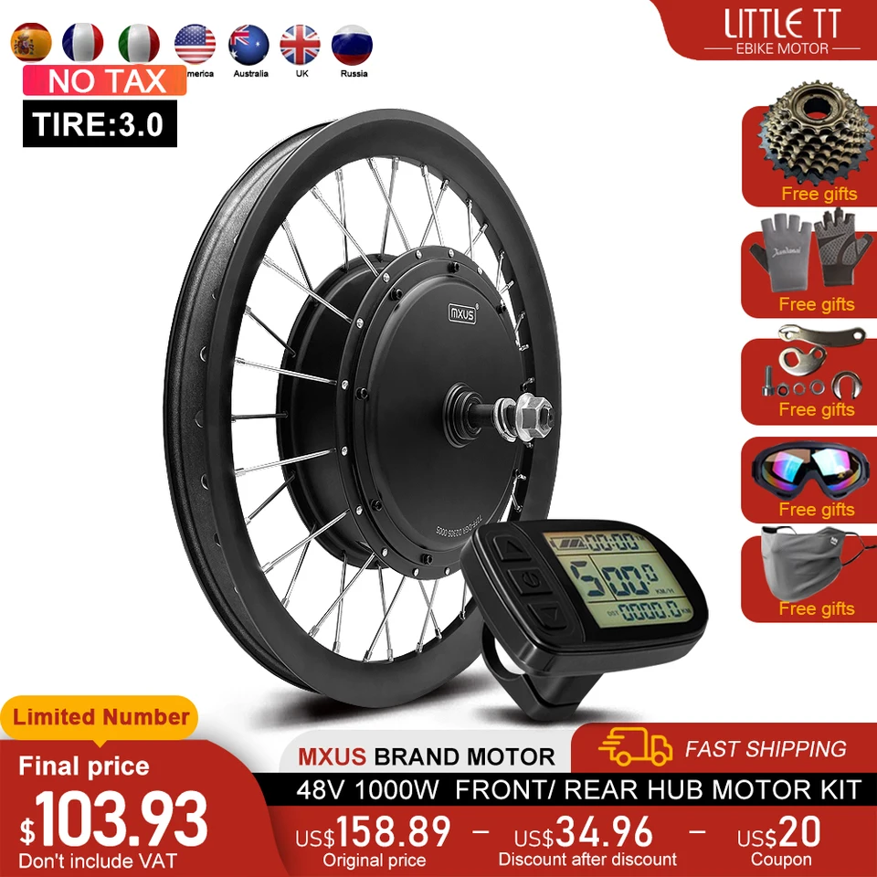 MXUS Electric Bike Conversion Kit 48V 1000W 3,0tyre predný/zadný kefový náboj motorové koleso 20-29inch 700c pre konverznú súpravu Ebike