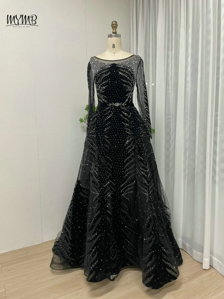 MYMB Black Scoop Brck A-Line Ženy Formálne večierky Elegantné šaty dlhé rukávy Long Rukávy Korálkové ilúzia späť večerné šaty Vestidos de Novia