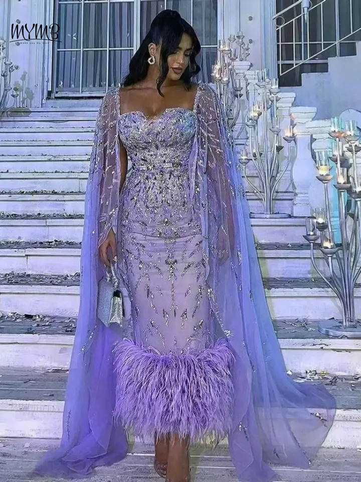 MYMB Dubaj Sparkly Cape Ruckves Korálky Formálne šaty pre dámske večierky Luxusné morské panny Dĺžka večerné šaty s perím
