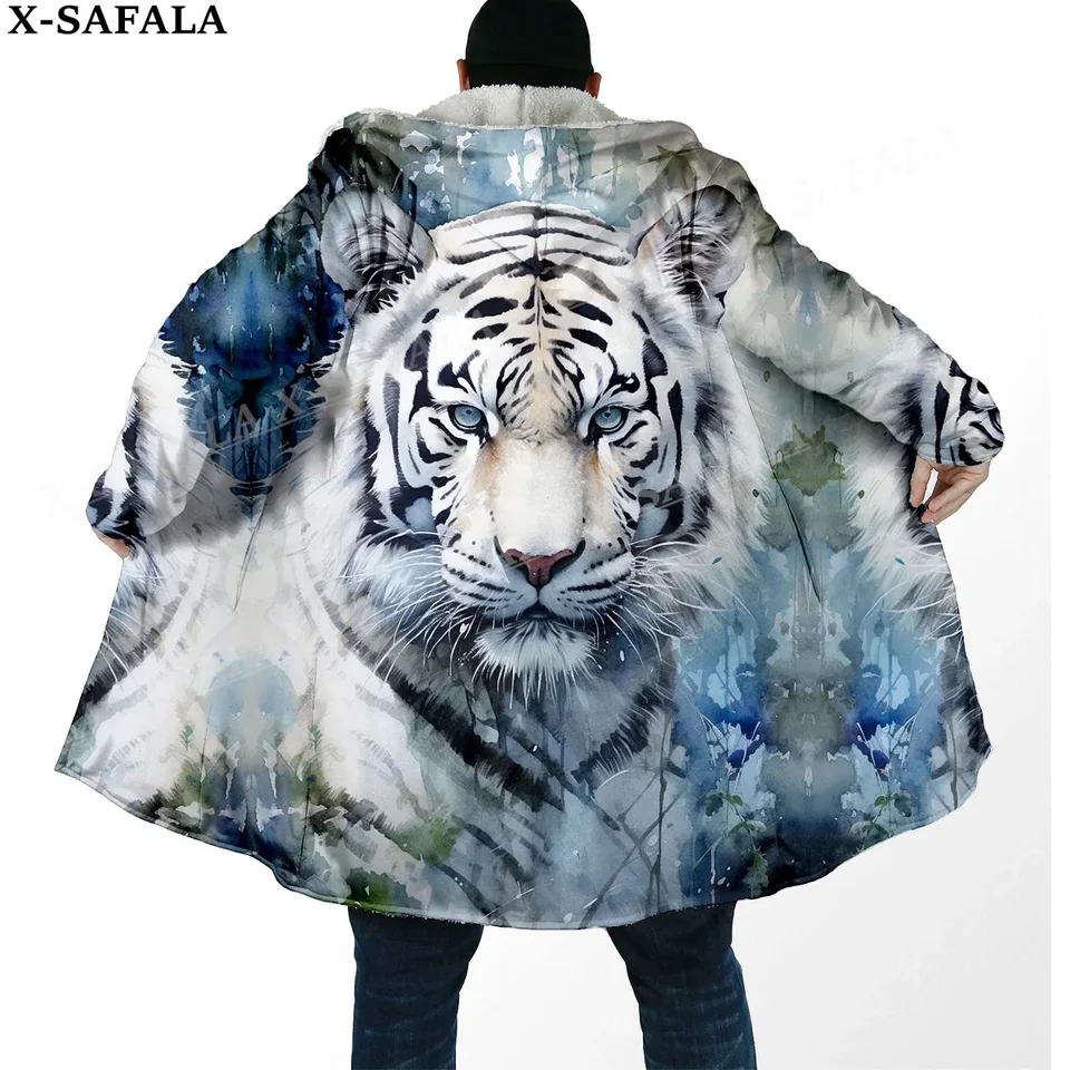 Mytológia tiger King Duch hustý teplý plášťový plášť Muži kabáty s kabátom Windproof Fleece Cape Cape Cape Hooded prikrývku-14