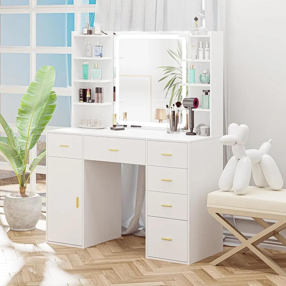 Márnosť stola so zrkadlom ľahkým make -upom márnosti so svetlami 6 zásuviek make -up stôl so zrkadlom 3 osvetľovacie farby toaletný stolík