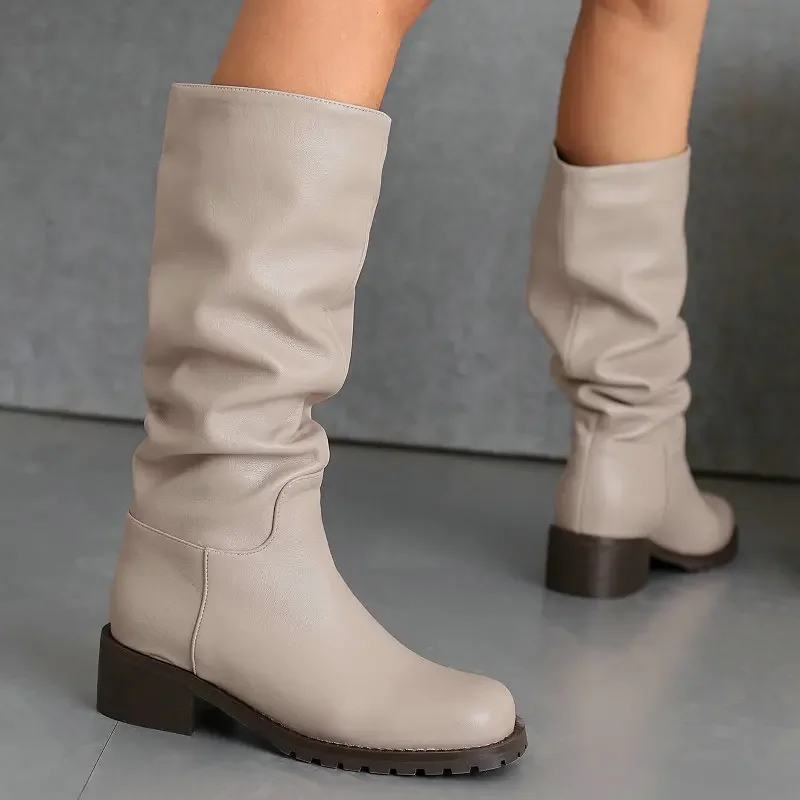 Mäkká kožená kožená hnedá béžová farba okrúhle prsty päty dámske dámske zimné teplé topánky dámske skladané kovbojové topánky Mid-Calf