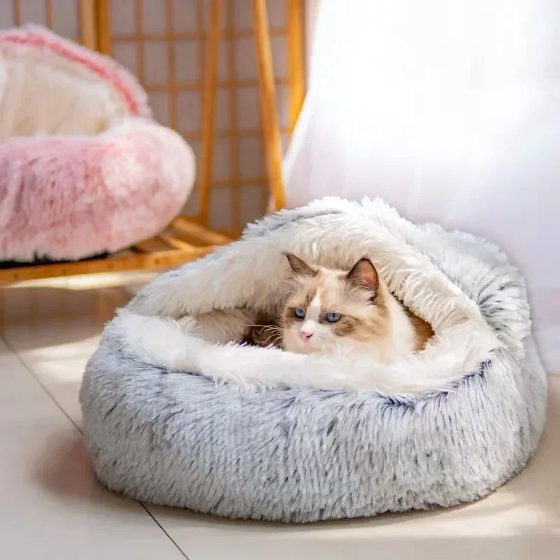 Mäkké plyšové domáce zviera s krytom okrúhle mačke matrac matrac Warm Cat Dog 2 v 1 spal hniezdo jaskyňa pre malé psy