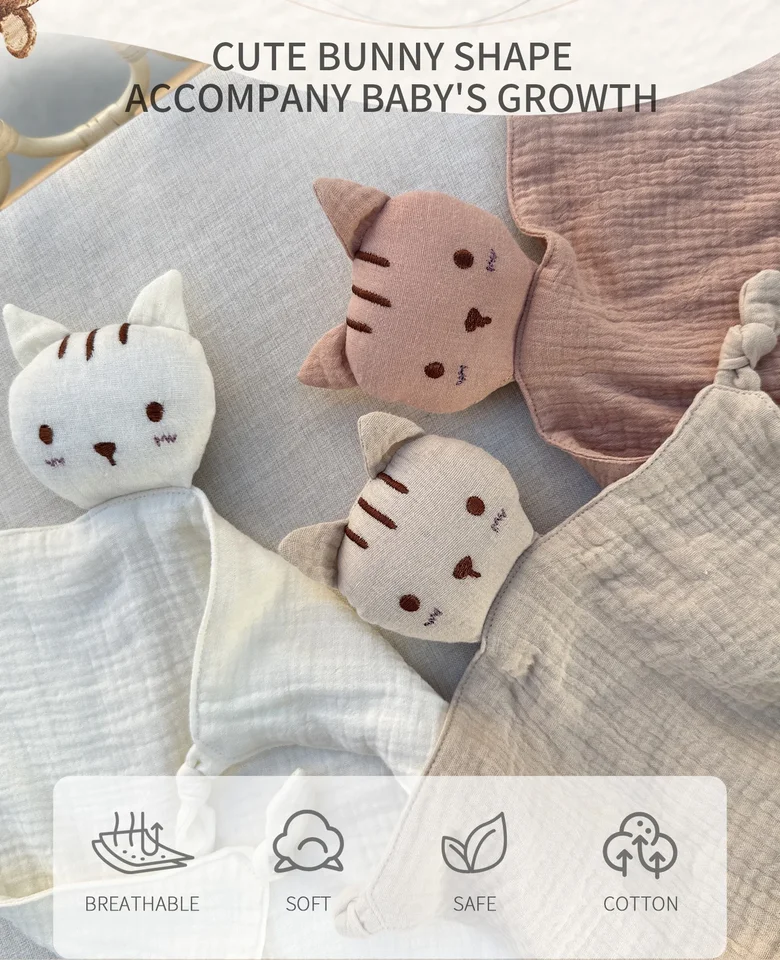Mäkký bavlnený mušelín Baby Bib Scdled Cat Doll novorodenec upokojený uterák bezpečnostná prikrývka dieťaťa spanie