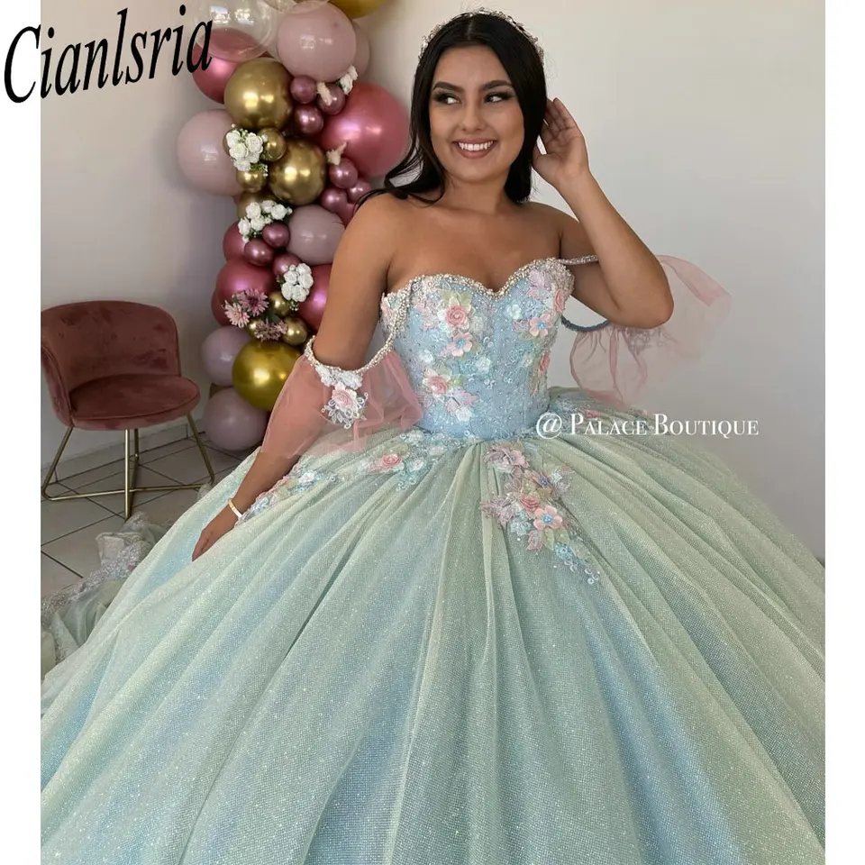 Mäta zelené trblietky krištáľové quinceanera šaty guľôčkové šaty 3D kvety Aplikácie čipky prispôsobené korzetom Vestidos de xv anos