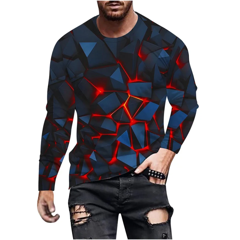 Móda 3D tlačené geometrické tričko pre mužov Geometria Lava Grafické tričko s dlhým rukávom Tričko Športové bežecké odpaliská okrúhle krk Tops Tee