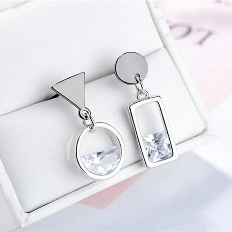 Móda 925 Strieborné náušnice ihly pre ženy asymetrická voda zirkón Gun Black Color Circle Circle Square Tassel náušnice prívesok