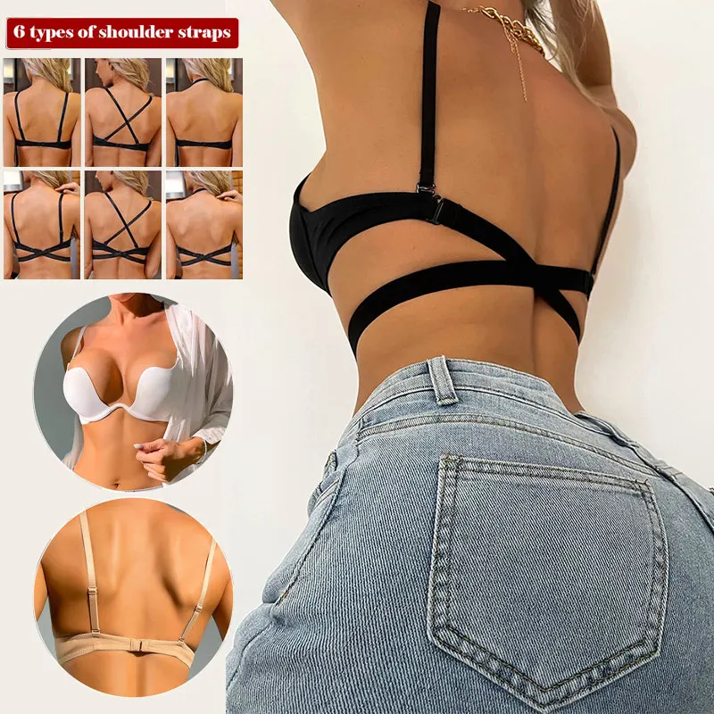 Móda backless podprsenka neviditeľná pretrvávajúca push Up Women Clear bez ramienok CD pohár hlboká podprsenka nastaviteľná spodná bielizeň Pohodlná braleta