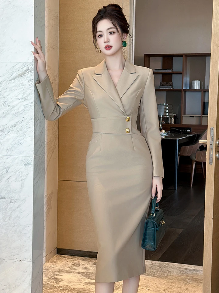 Móda elegantné ol šaty dámske oblečenie Profesionálny obchodný štýl s dlhým rukávom vrecká MIDI ROBE OFFICKÁ KANCELÁRIA PRÁVNA Vestido jar