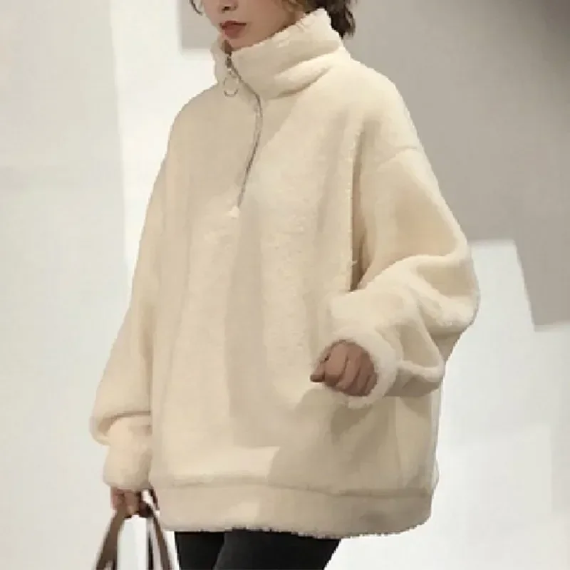 Móda jeseň zima teplé voľné jahňacie mikiny Mukinky Nadmerné ženy Kórejské plyšové fleece ženské bundy Causal Coats PulVers