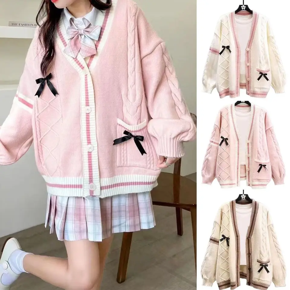 Móda JK Mardigans Sweater Ženy Lolita V-krk uvoľnený pletený pullover Kórejský štýl Žena top bowk sveter Coats Girls
