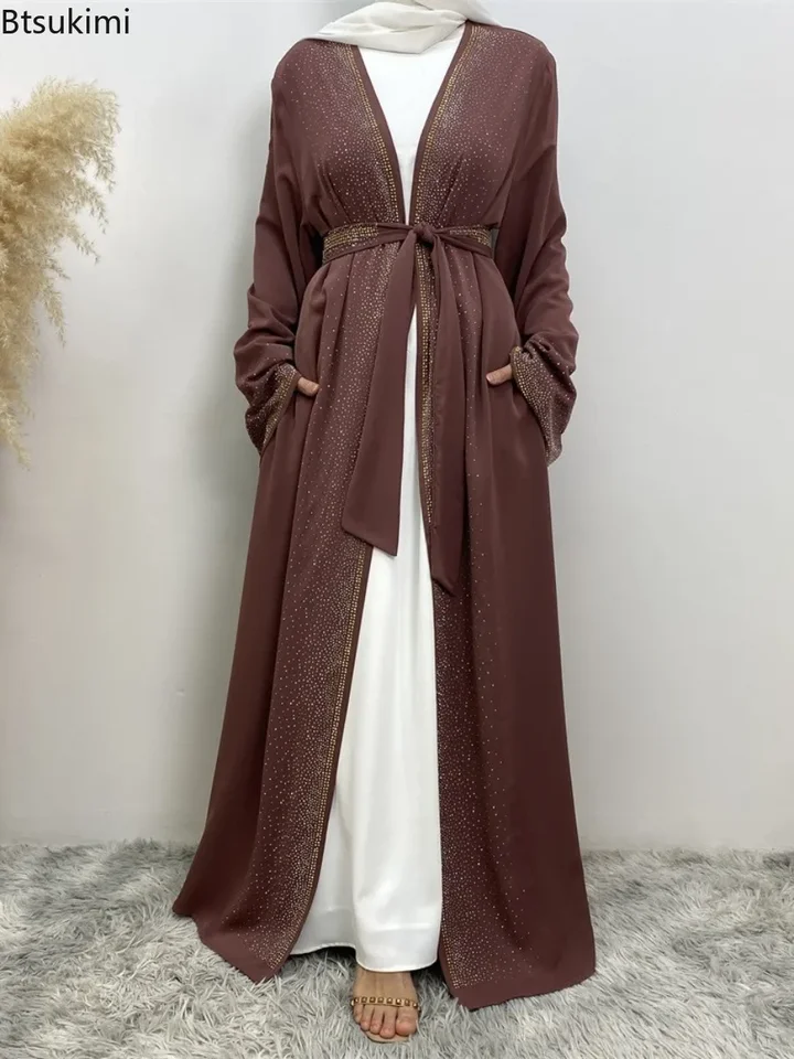 Móda nová moslimská otvorená abaya pre ženy Diamonds šnurovacie vesty dlhé šaty arabský turecký kaftan rúcho elegantný femme mulman