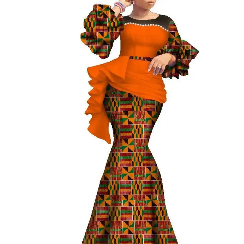 Móda nové dlhé africké šaty pre ženy Dashiki Nigéria Tradičné svadobné oblečenie bazin riche vosk perly šaty lampa rukáv