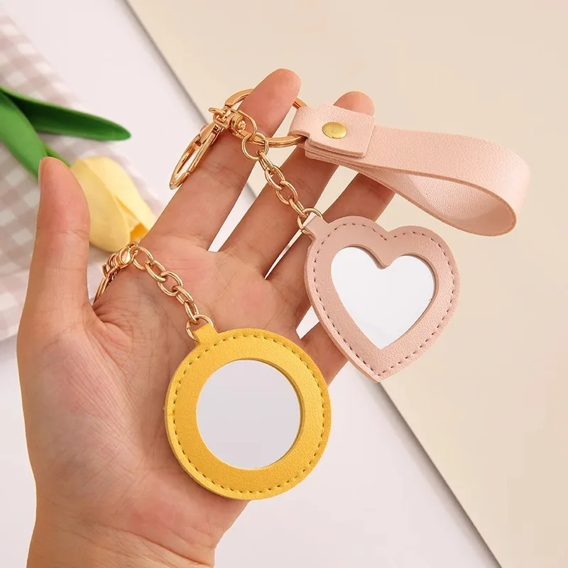 Móda PU kožené srdce Keychain Mini zrkadlo vreckové nástroje prívesok Dám
