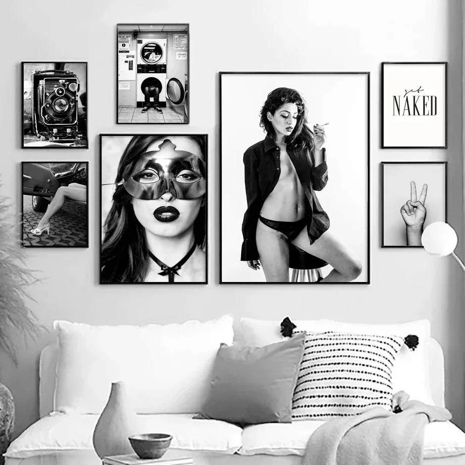Móda sexy maska ​​Girl Fotoaparát čierna biela stena umenie plátno maľba Nordic Plagáty a výtlačky nástenné obrázok pre obývaciu izbu dekor