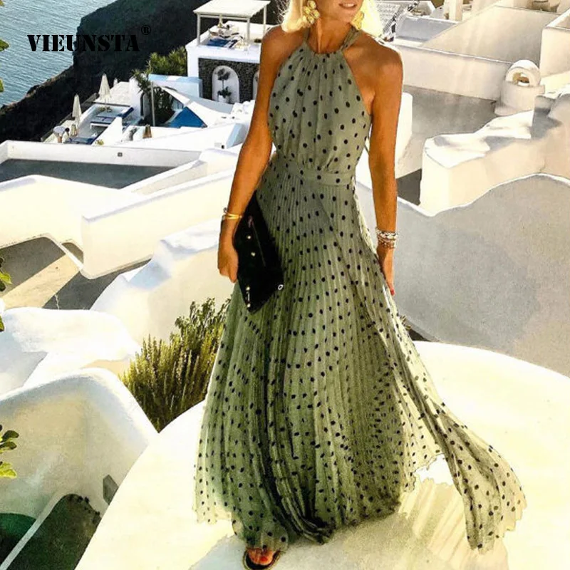 Móda sexy ohlávkový tlače skladané dlhé šaty Ženy Sladké o krk pláž pláž zakrývajúce letné rukávy bez rukávov neformálne boho maxi slnečníky