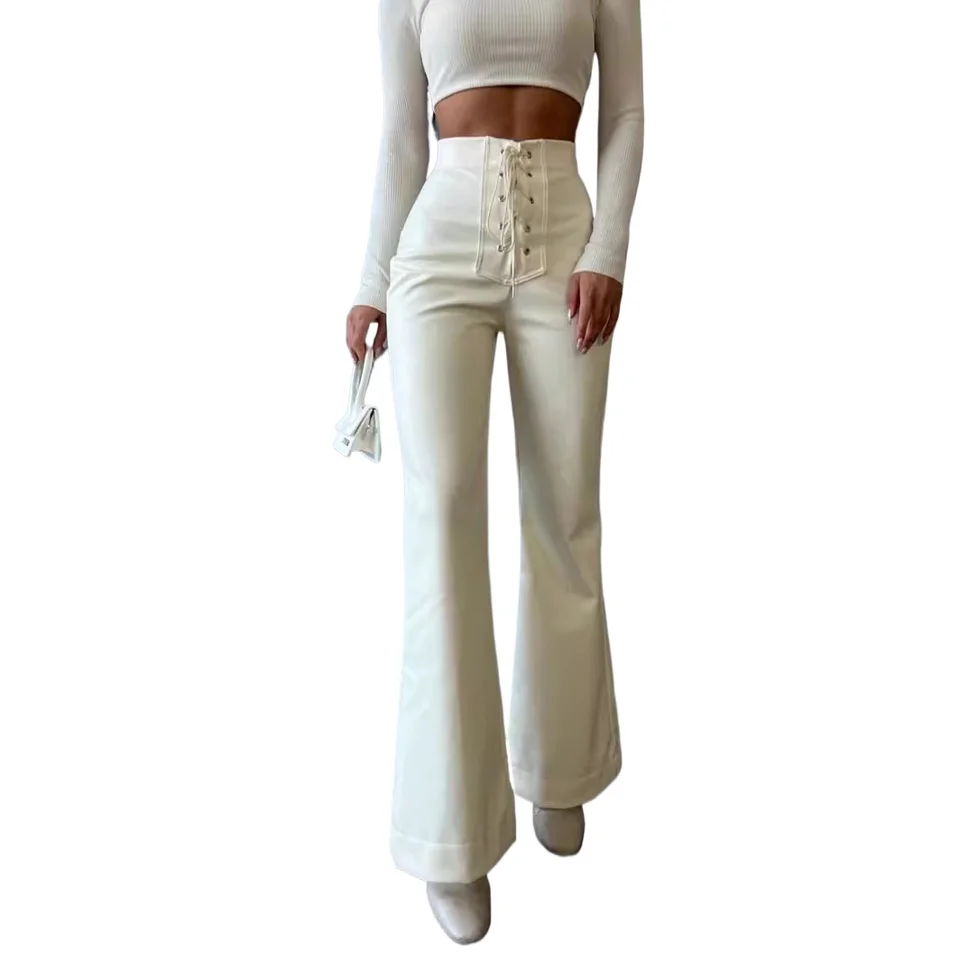 Móda sexy s vysokým pásom kožené nohavice na erupcie PU Ženy Slim Lace Up Pants Ladies Party Party Longght Tousers Clubwear Street