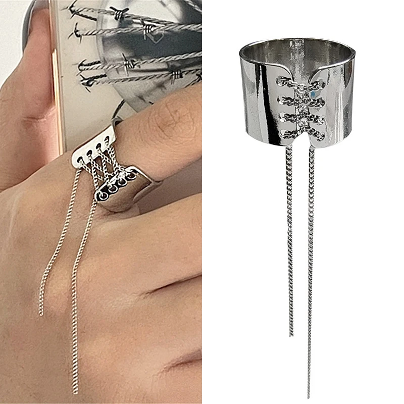 Móda široké okrajové reťazce Tassel Rings for Women Men Hip hop punk vintage nastaviteľný otvárací kruh osobnostné prstene prsty prsty