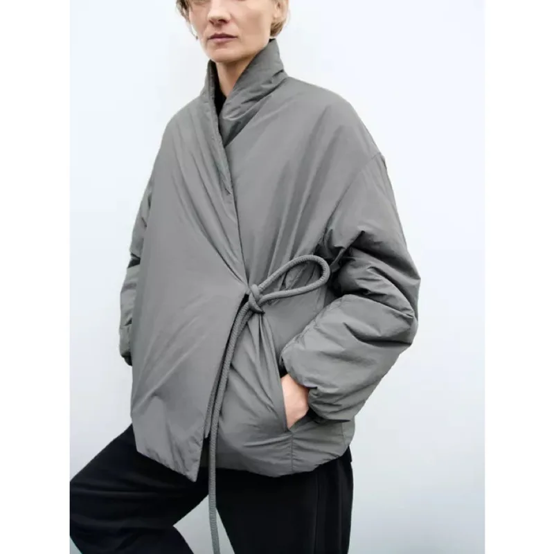 Módna dámska dvojitá čalúnená bunda Minimalistická dvojitá kolo v štýle Kimono v štýle Casy Late Ruckve Coat Lace-Up