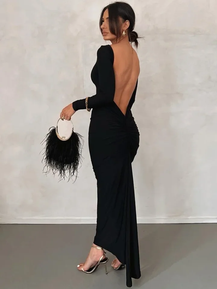 Módna elegantná backless s dlhým rukávom plesové šaty Streetwear Y2K 2024 Jeseň Dámska svadobná strana Bodycon Večer čierne šaty