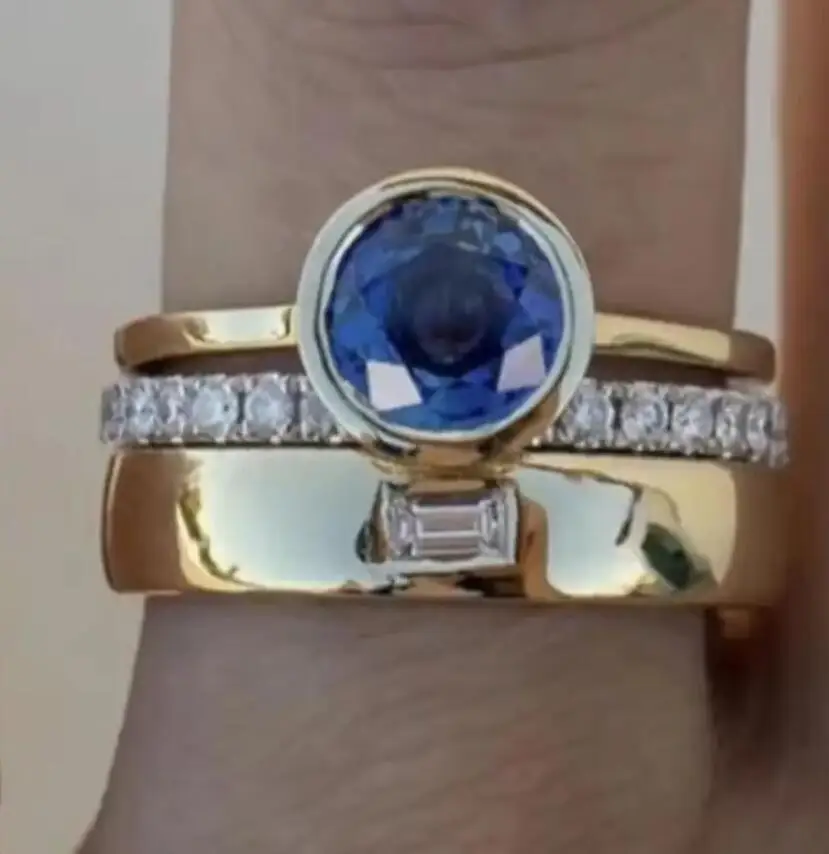 Módna farba vložka vložka Round Blue Color Stone Trojdikokrát prsteň pre ženy narodeninové doplnky darčeky Vlastné šperky