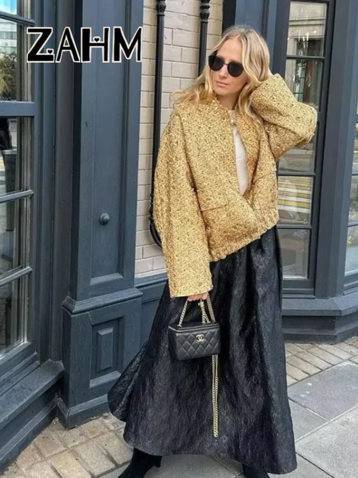 Módna flicka Gold Bomber Jacket for Women Elegantné streetwear s dlhým rukávom bunda ženská 2024 jeseň elegantné vrecká s kabátom Lady