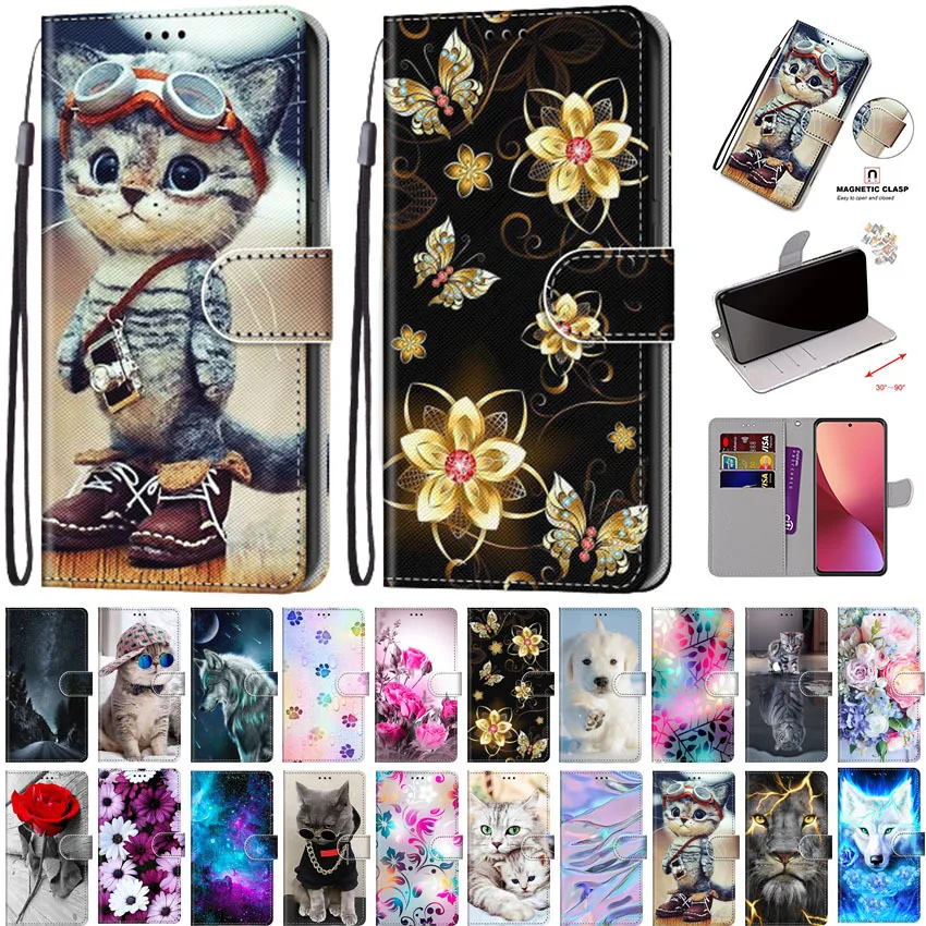 Módna flip kniha pre Redmi Note 12 13 Pro Plus Plus 12c 12r 4G 5G Farebné maľované stojanové kvety kvety vlk mačka psa na obálke