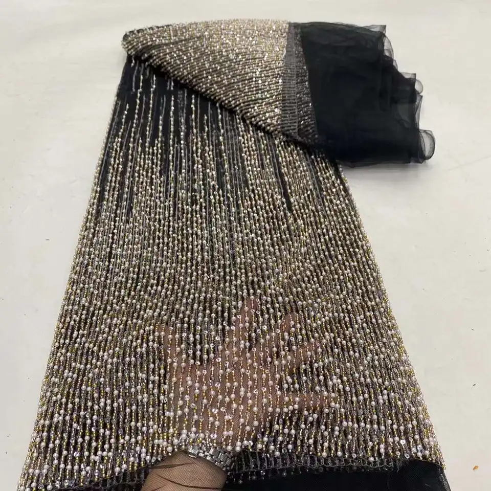 Módna francúzska korálková čipka Lace Lace Tkanina 2025 Vysoko kvalitná nigérijská svadobná strana Aso EBI Flitre výšivky africké čipky
