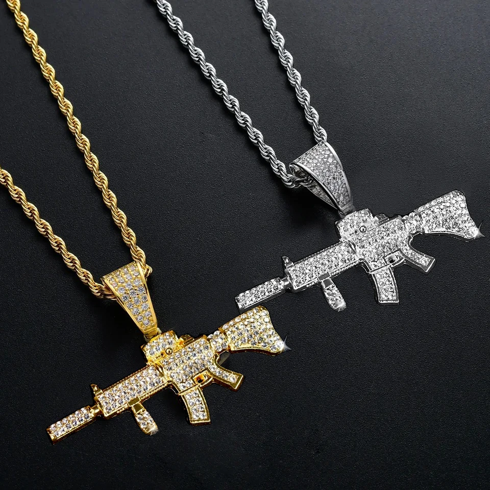 Módna hiphop AK47 Submachine Gun Pendant Náhrdelník pre mužov krištáľový kubánsky reťazec ľadový blingový náhrdelník Punk Rock Conyber šperky