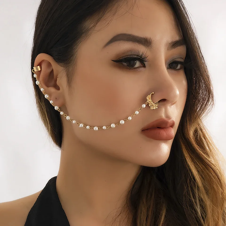 Módna imitácia perlaový klipový prsteň s náušnicou pre ženy Žiadna dierka Piercing Body Reťaz šperky Party Dancer Doplnky