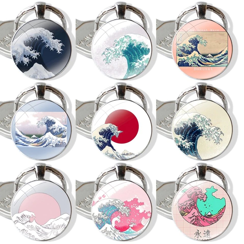 Módna karikatúra Kreatívne Japonsko Veľká vlna Keychain ručne vyrobená sklenená sklenená kabína kľúča držiteľ prívesku Kľúčové reťazce