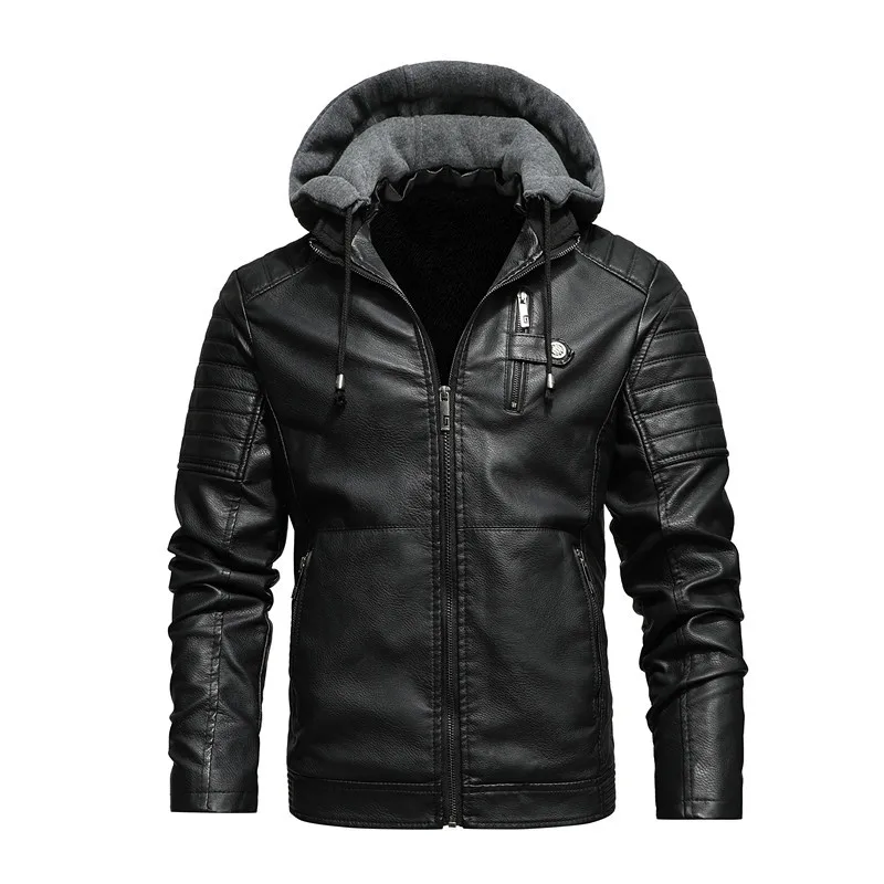 Módna kožená bunda Men Autumn fleece vložka Pu Leather Coats Hood Winter Mužské oblečenie Príležitostné motocyklové bundy pre pánske