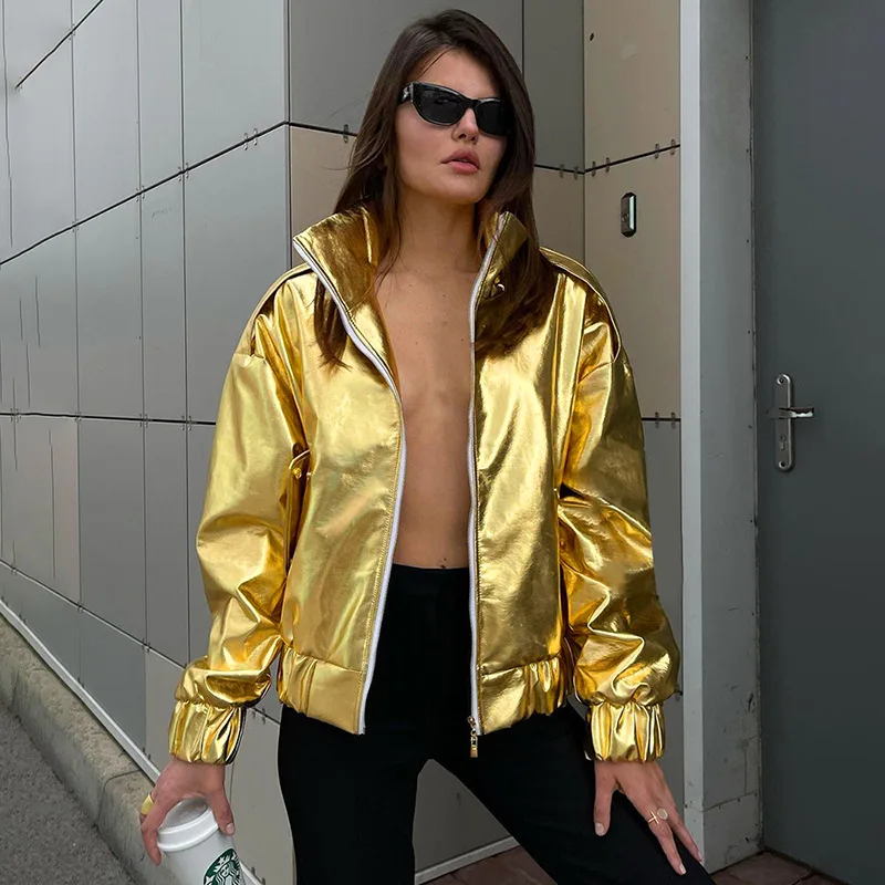 Módna lesklá zlatá strieborná kožená bunda Ženy klošné vrecká na zips voľné kovové kožené bundy hiphop punk outcoats