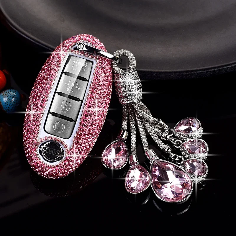 Módna luxusná dámska šumivá kamienok pre Nissan Car Key Fob Cover Sentra Leaf Rogue Sunny Versa Patrol X-Trail Qashqai Ti