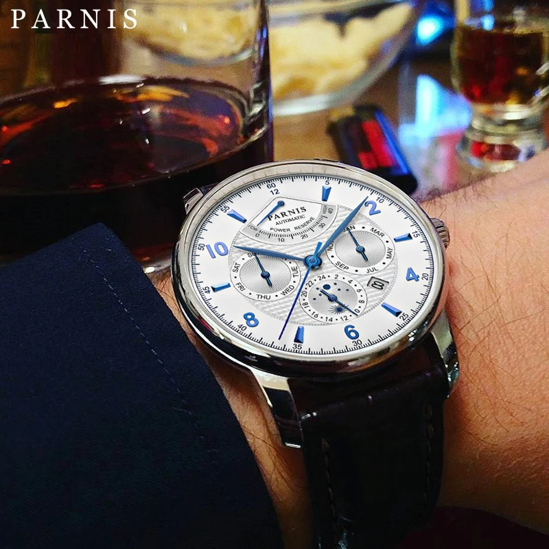 Módna parnis 43 mm automatická mesačná fáza Európska rezervácia luxusná značka Top Miyota Mechanical Winder Watch Watch PA6062-A Gift Men Hodiny