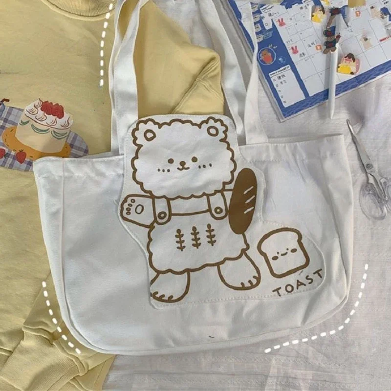 Módna patchwork karikatúra Bear Ženy kabelky Kórejské vysokokapacitné kawaii roztomilé podriadené tašky sladké Y2K Canvas Canvas Tote Tašky