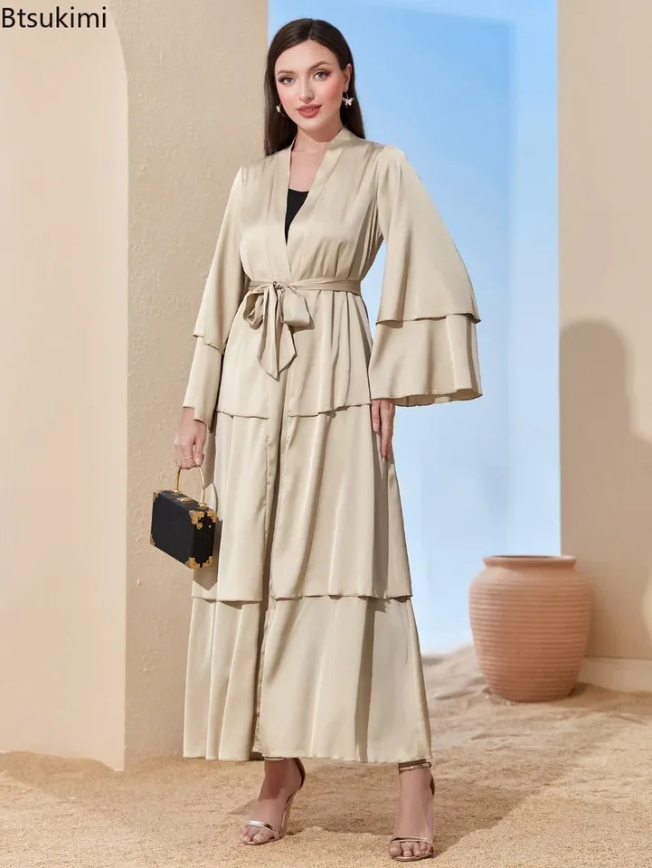 Módna patchwork saténové šaty dámske dámske elegantné pevné šnurovanie maxi šaty Dubaj moslim Open abayas islam kimono rúž femme