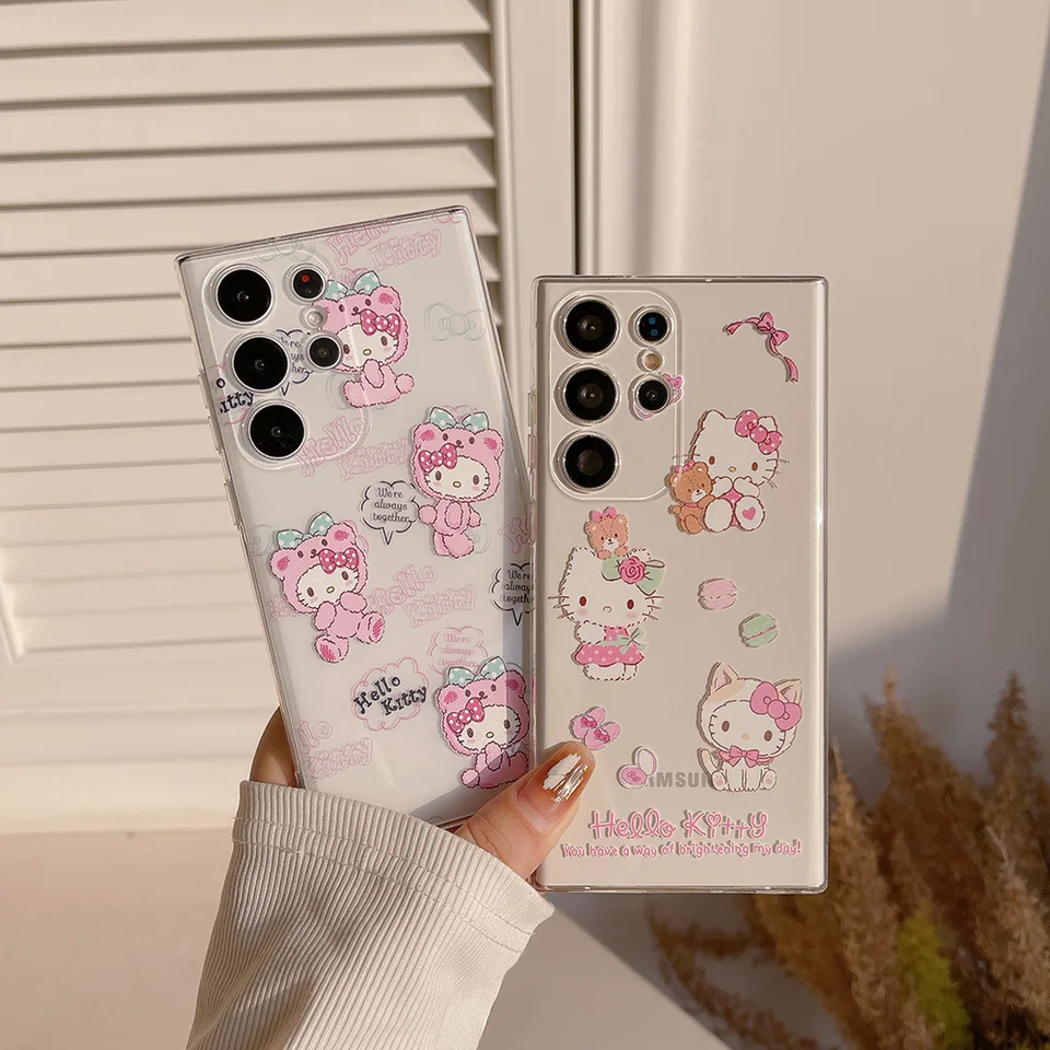 Módna priehľadná roztomilá karikatúra Hello Kitty Puzdro pre telefón Samsung Galaxy S21 S22 S23 S24 Fe Plus Ultra 5G Back Cover Funda